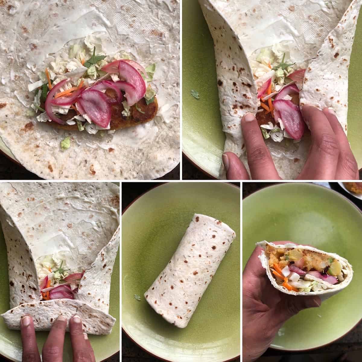 Step by step photos showing the folding of aloo tikki roll