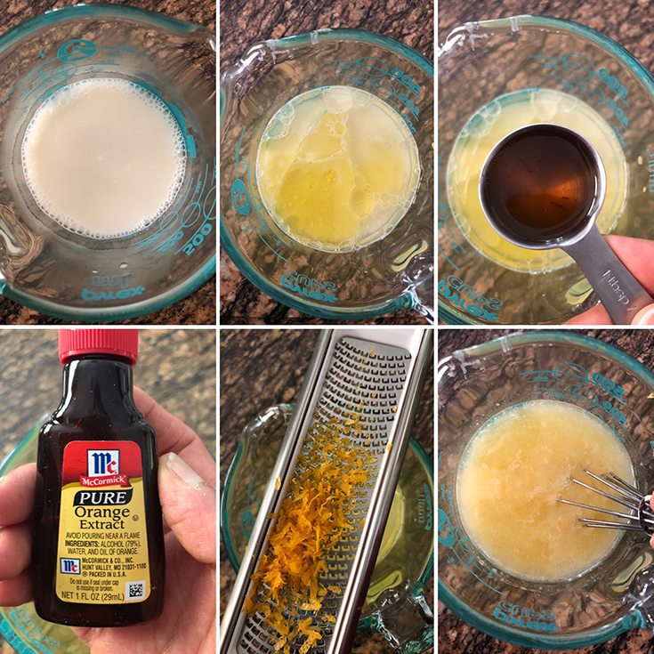 Photos of wet ingredients for the cake - water/ milk, oil, vinegar, orange extract, orange zest whisked in a liquid measuring cup