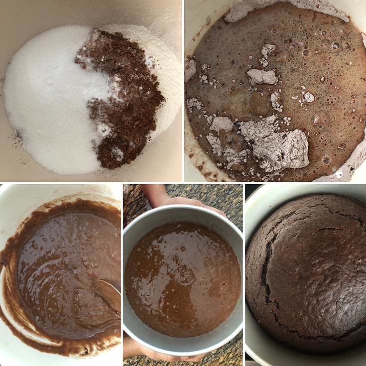 Photos of dry ingredients for the cake - flour, sugar, salt and cocoa powder whisked in a bowl - liquid ingredients are added and batter is poured into a baking pan. Baked cake