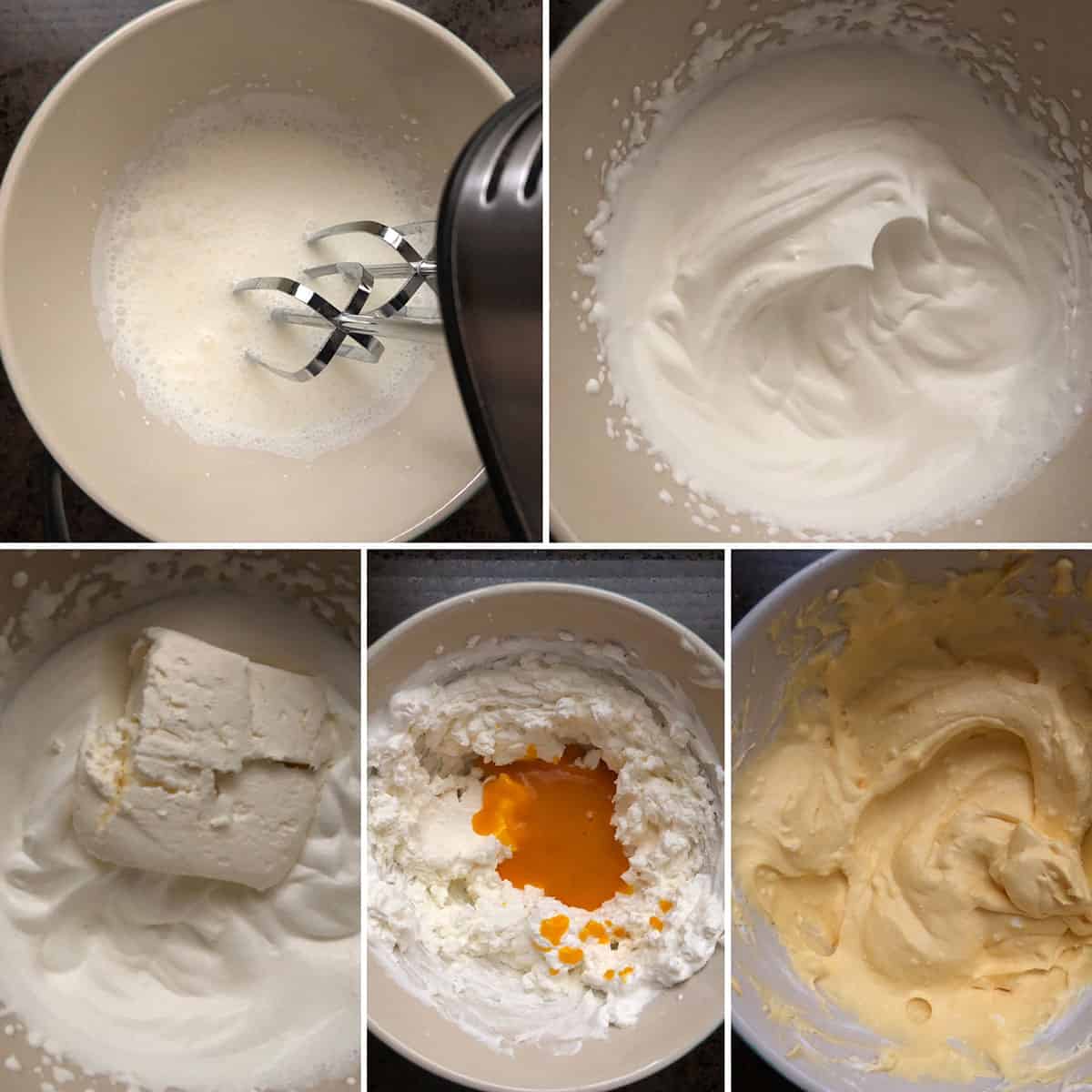 Step by step photos showing the making of mango frosting.