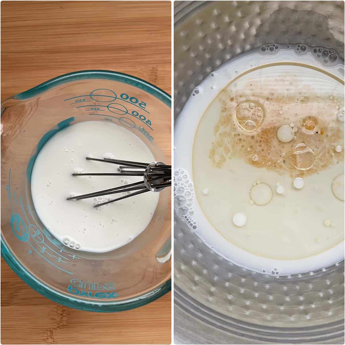 2 panel photo showing the mixing of wet ingredients.