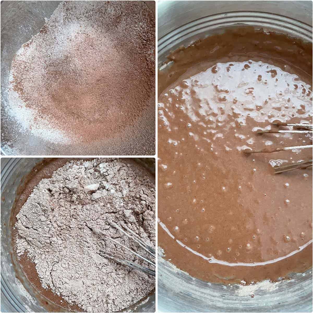 3 panel photo showing the adding of dry ingredients to wet ingredients.