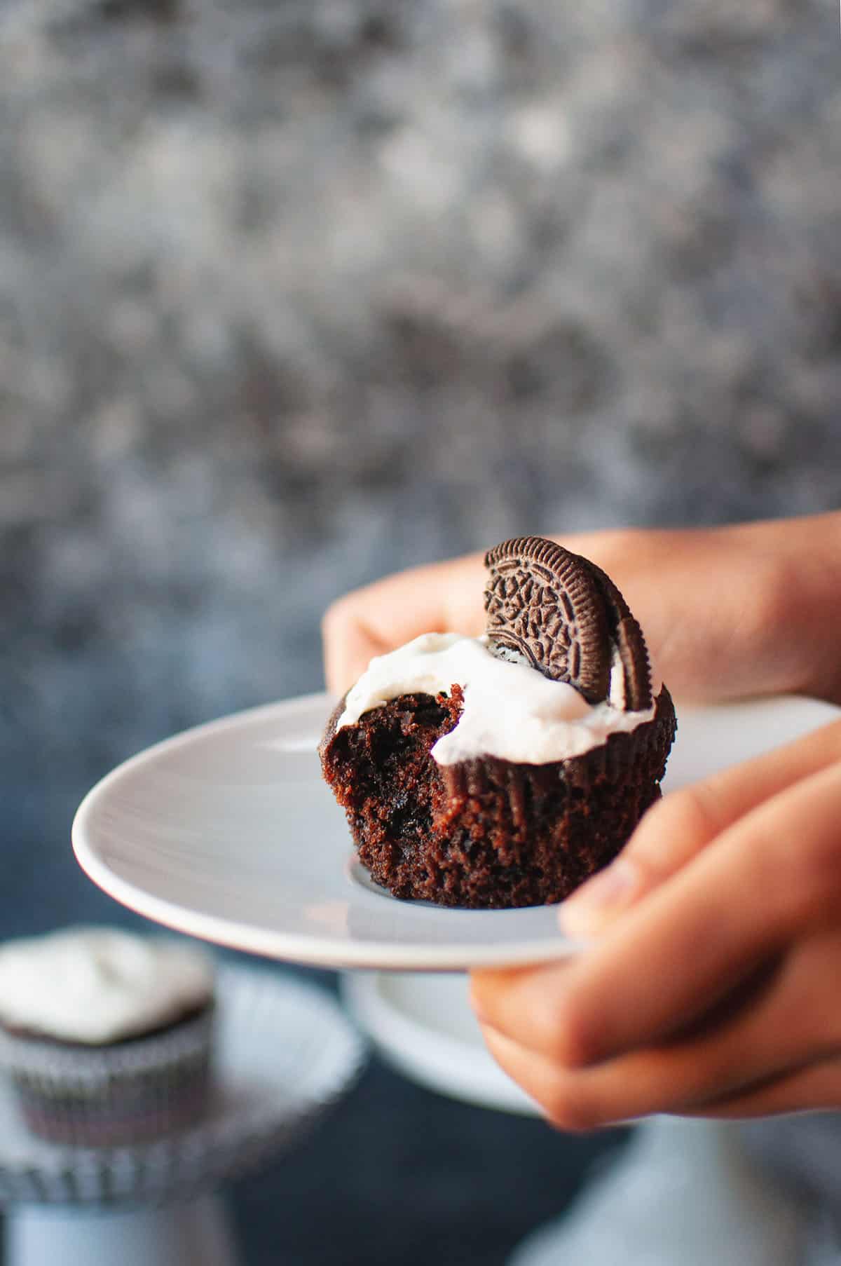Hand holding a plate with bitten chocolate cupcake.