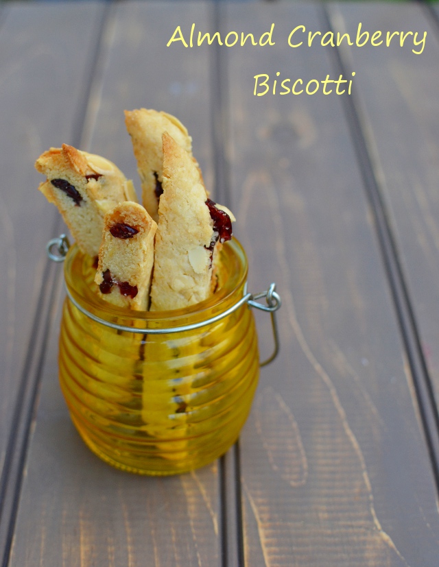 Yellow jar with cranberry almond biscotti