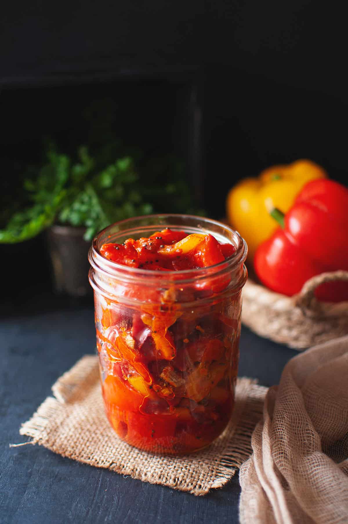 Mason jar with bell pepper pickle.