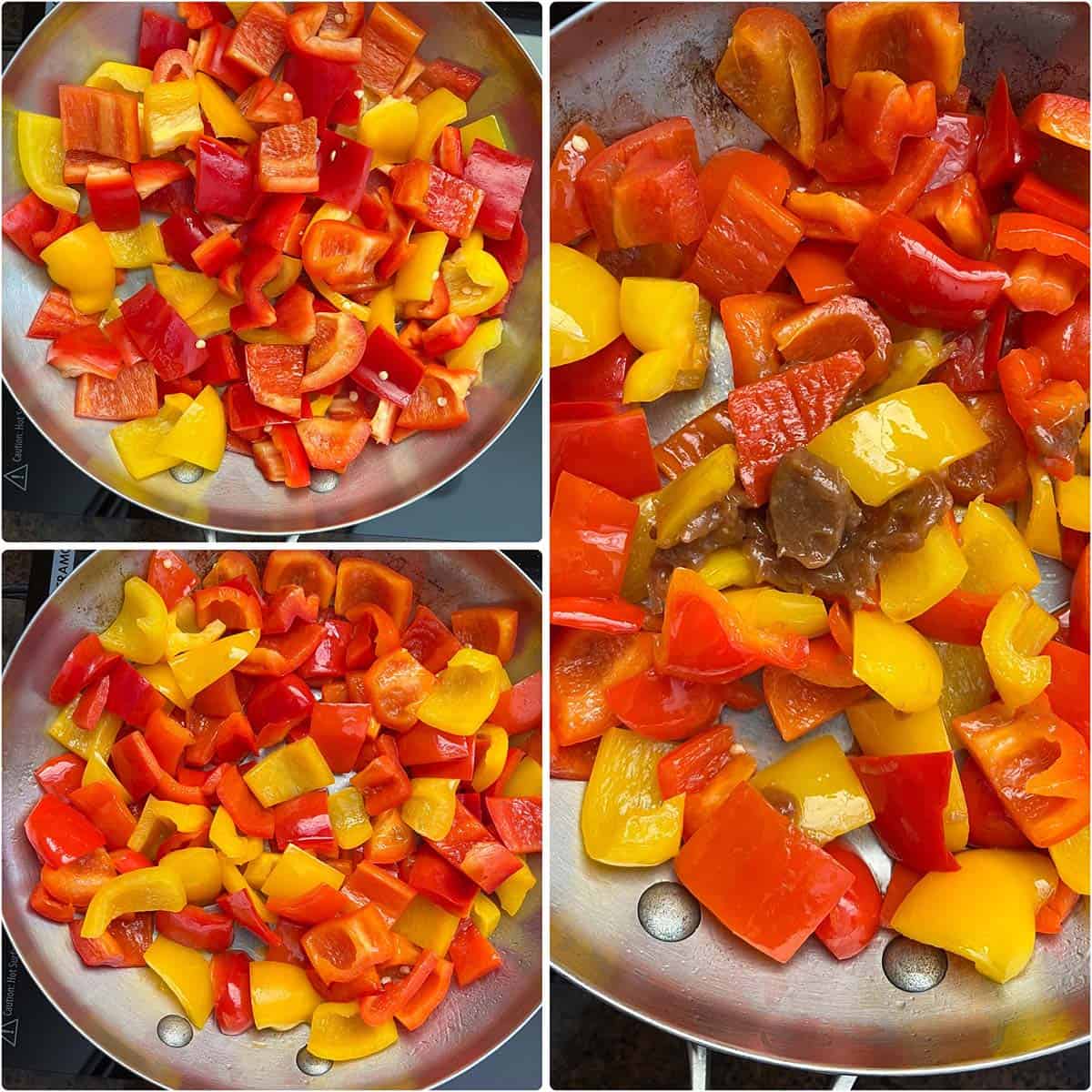 3 panel photo showing the sautéing of bell pepper.