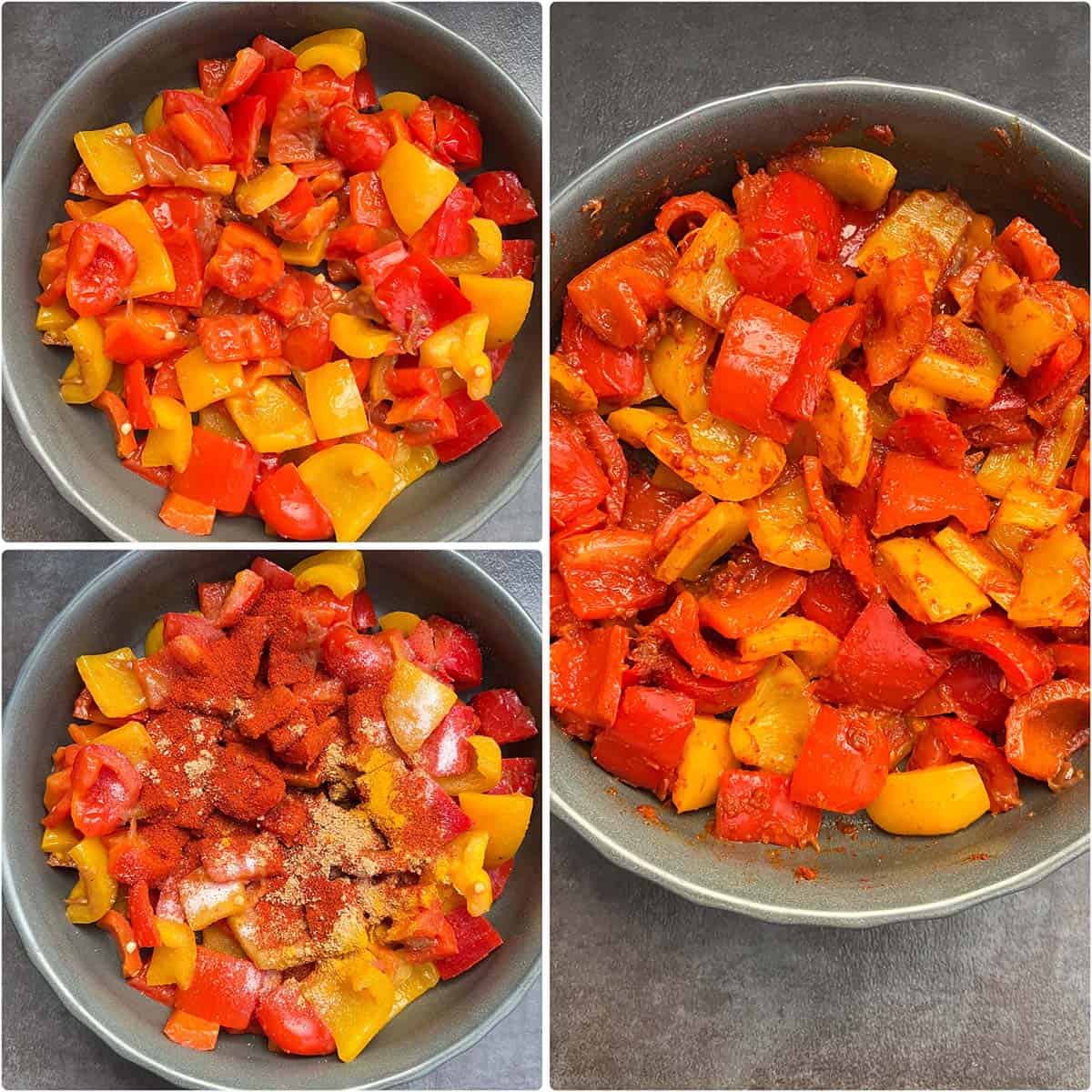 Mixing spices into bell peppers in a bowl.