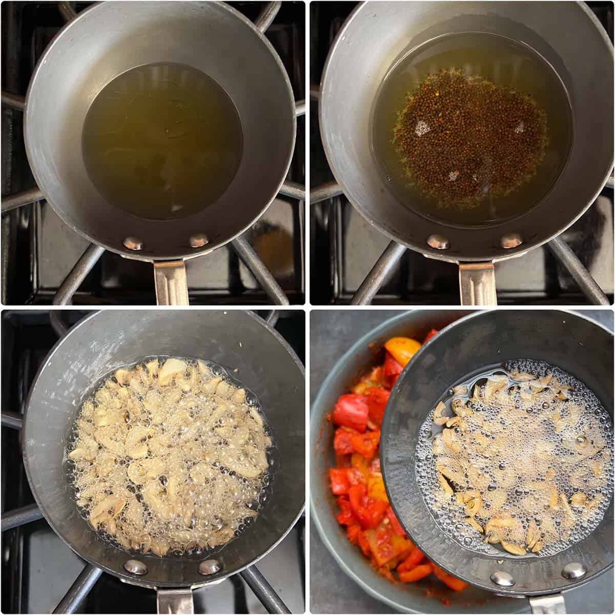 4 panel photo showing the making of tempering with garlic.