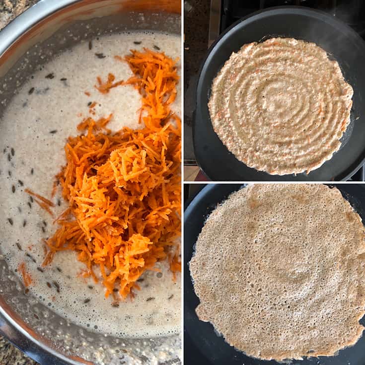 Side by side photos of adding grated carrots and cumin seeds to dosa batter. Making dosa on a hot griddle