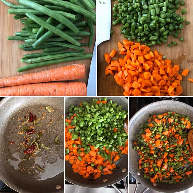 Side by side photos showing the making of carrot-green bean stir fry - chopped veggies added to a saute pan and cooked till crisp tender