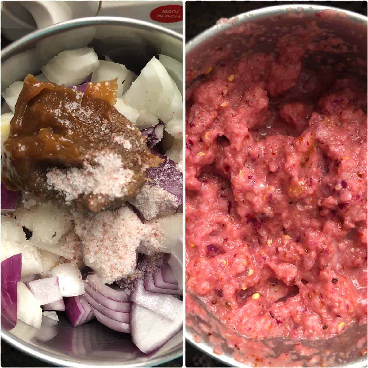 Grinding onion, garlic, chilies into a coarse paste