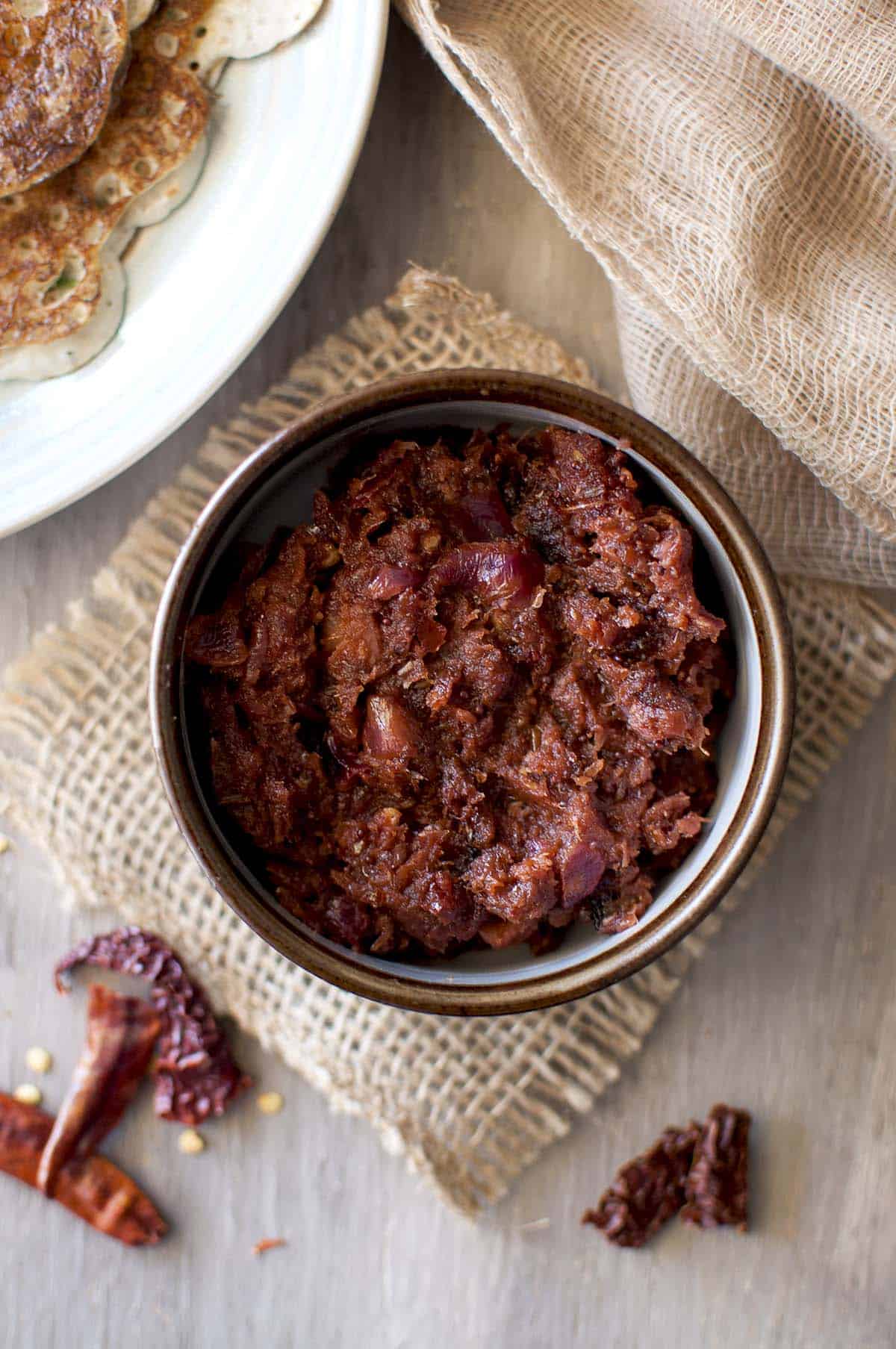 Brown bowl with spicy onion chutney