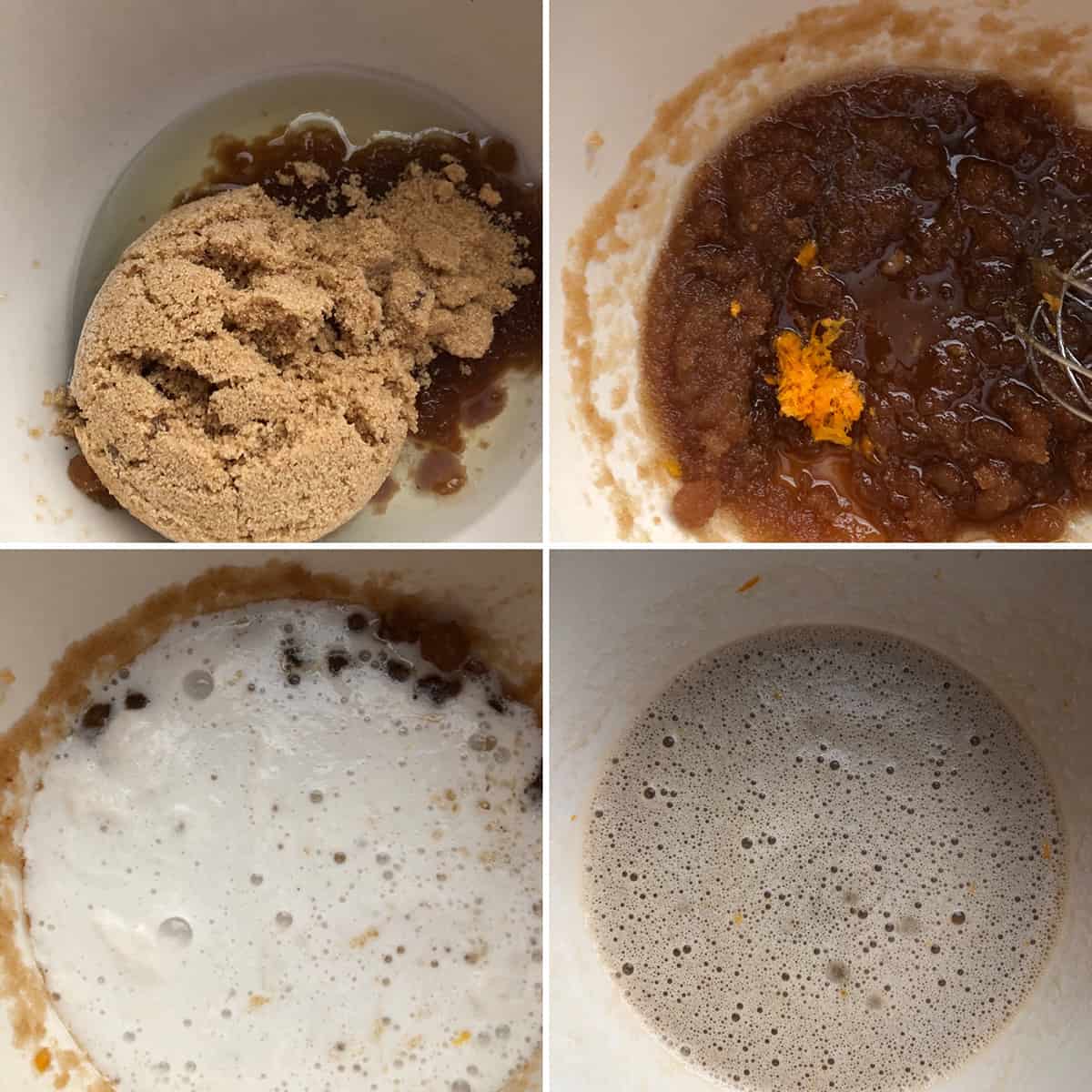 Step by step photos showing the beating of oil, sugar, orange zest and wet ingredients.