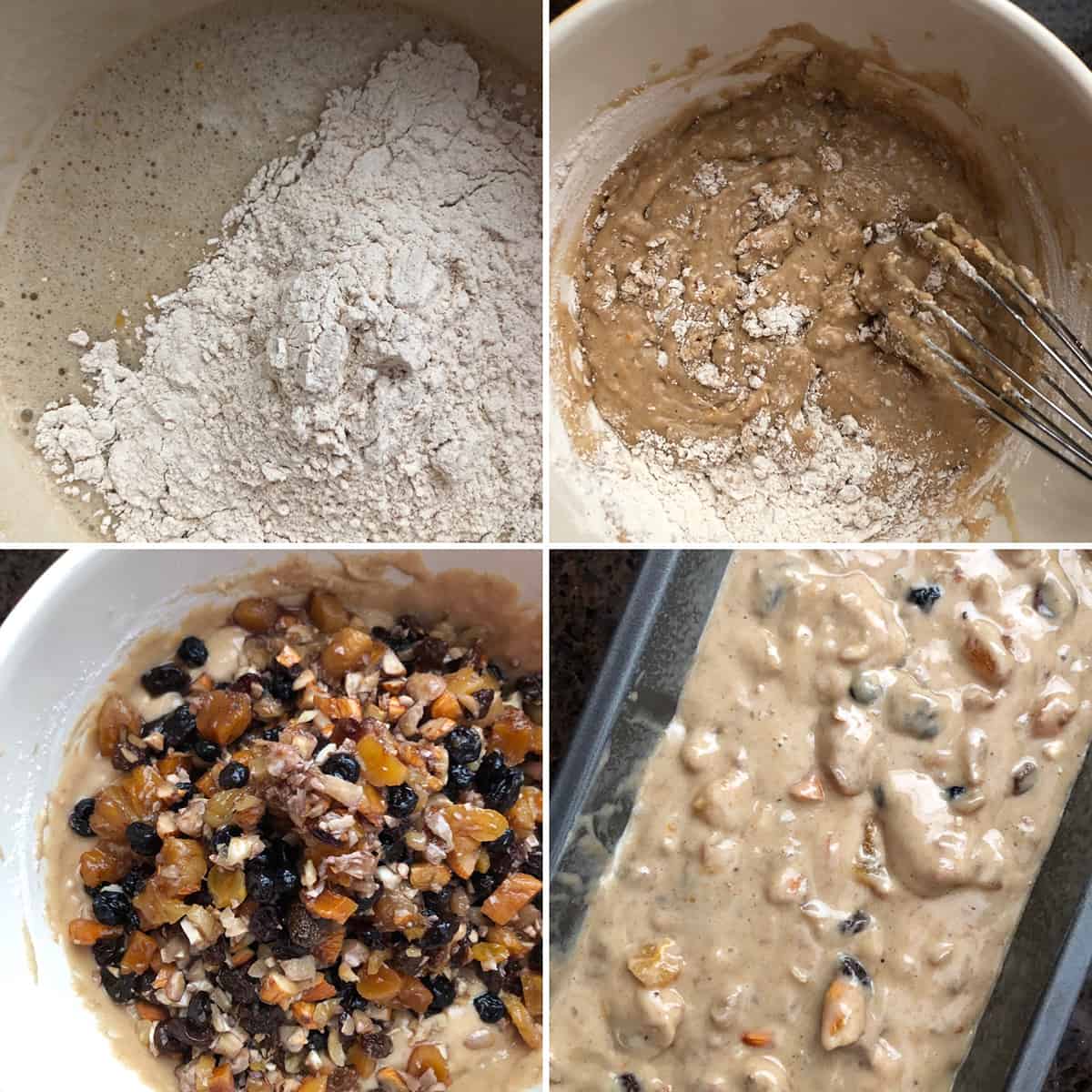 Dry ingredients added to wet ingredients along with soaked fruit and batter poured into a loaf pan