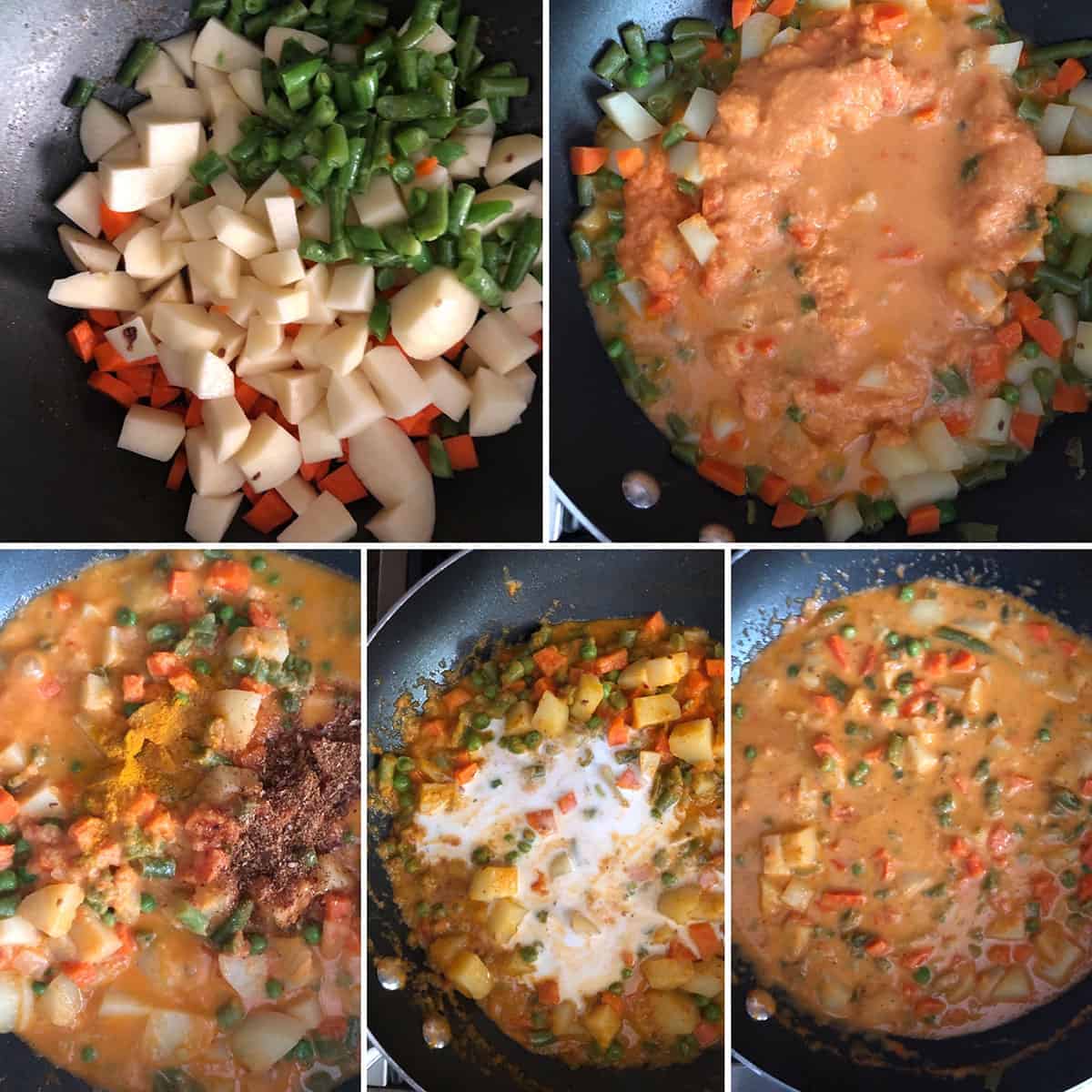 Step by step photos showing the cooking of vegetables with coconit milk