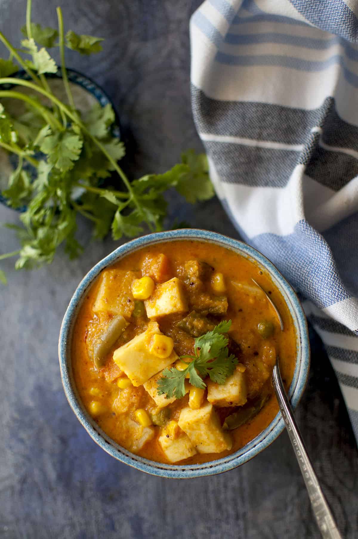 Blue bowl with mixed vegetable curry