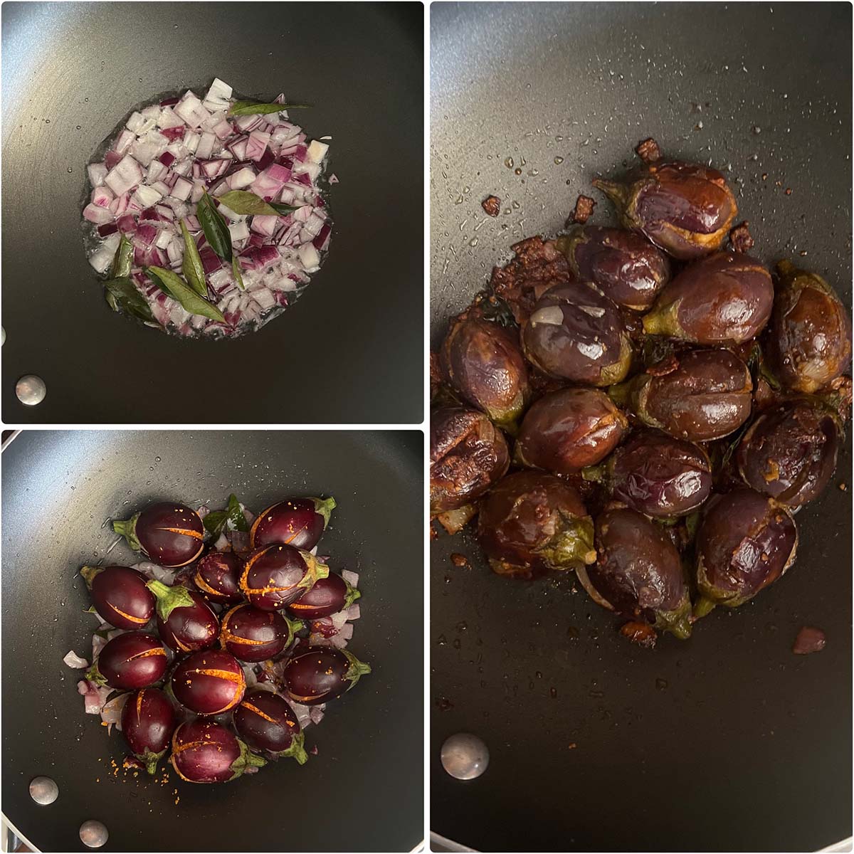 3 panel photo showing the sautéing onions and eggplants in a pan.