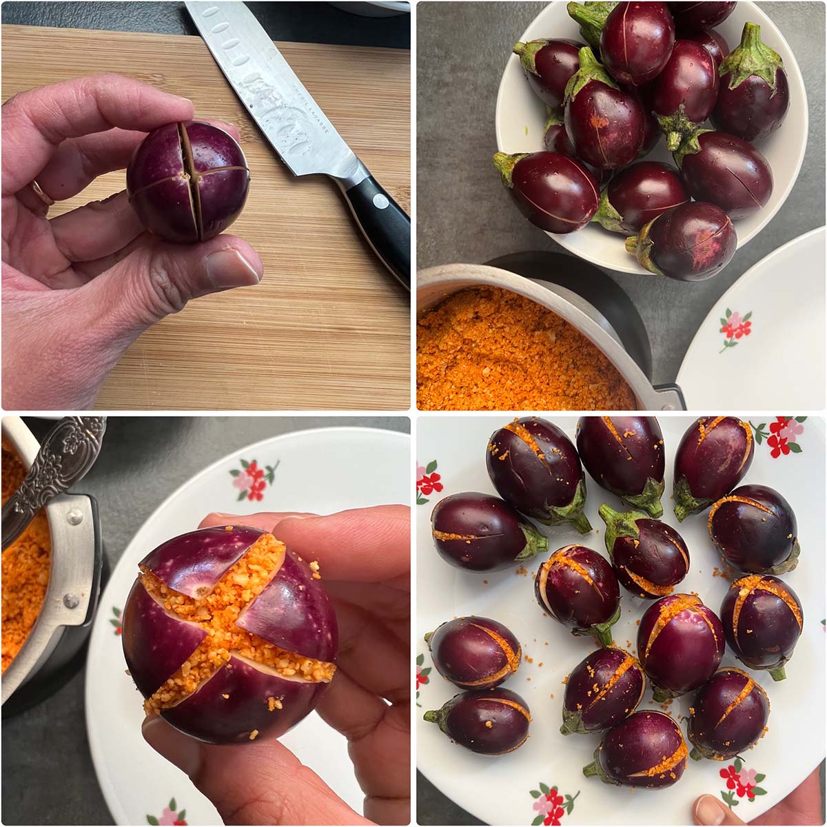 4 panel photo showing the prepping and stuffing of baby eggplants.