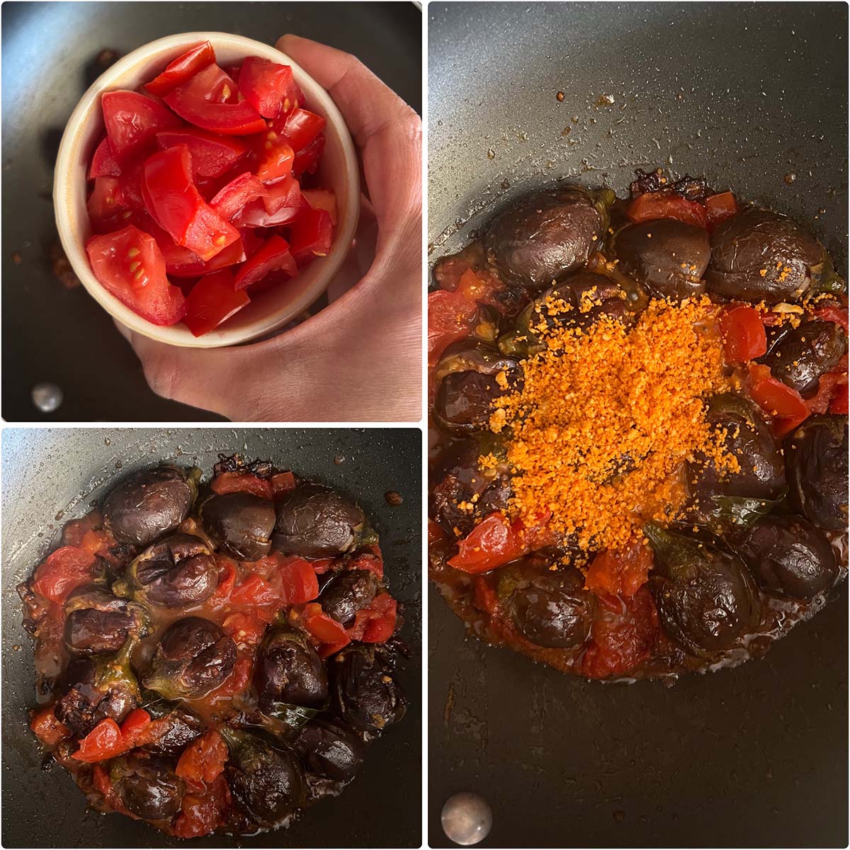 3 panel photo showing the addition of tomatoes and peanut powder to the pan.