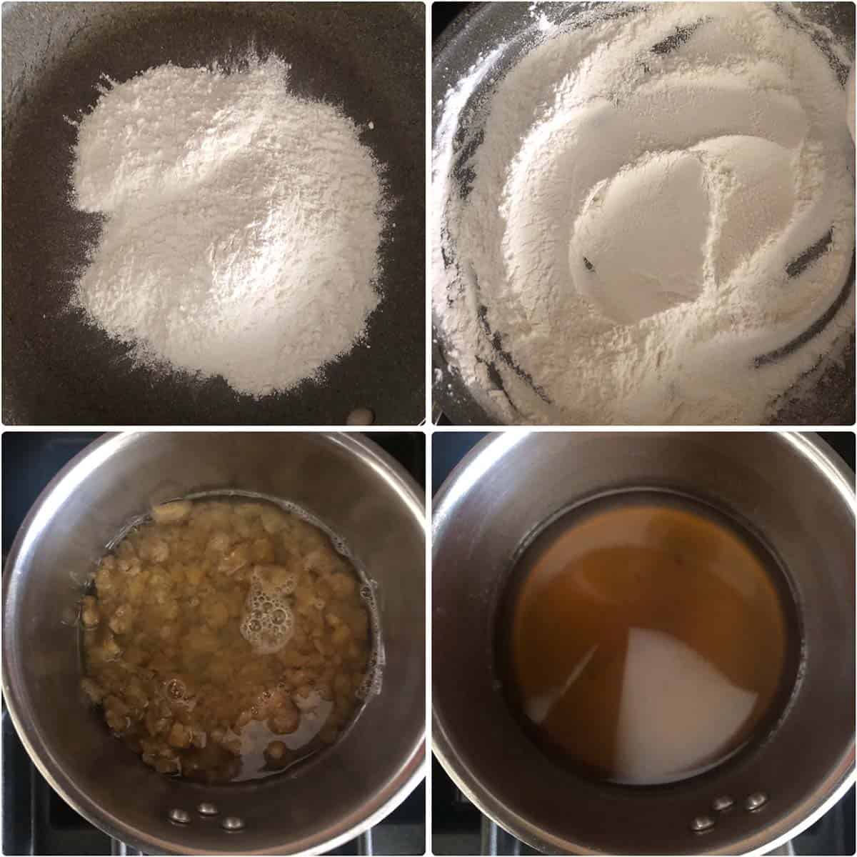 4 panel photo showing the roasting of rice flour and melting jaggery.