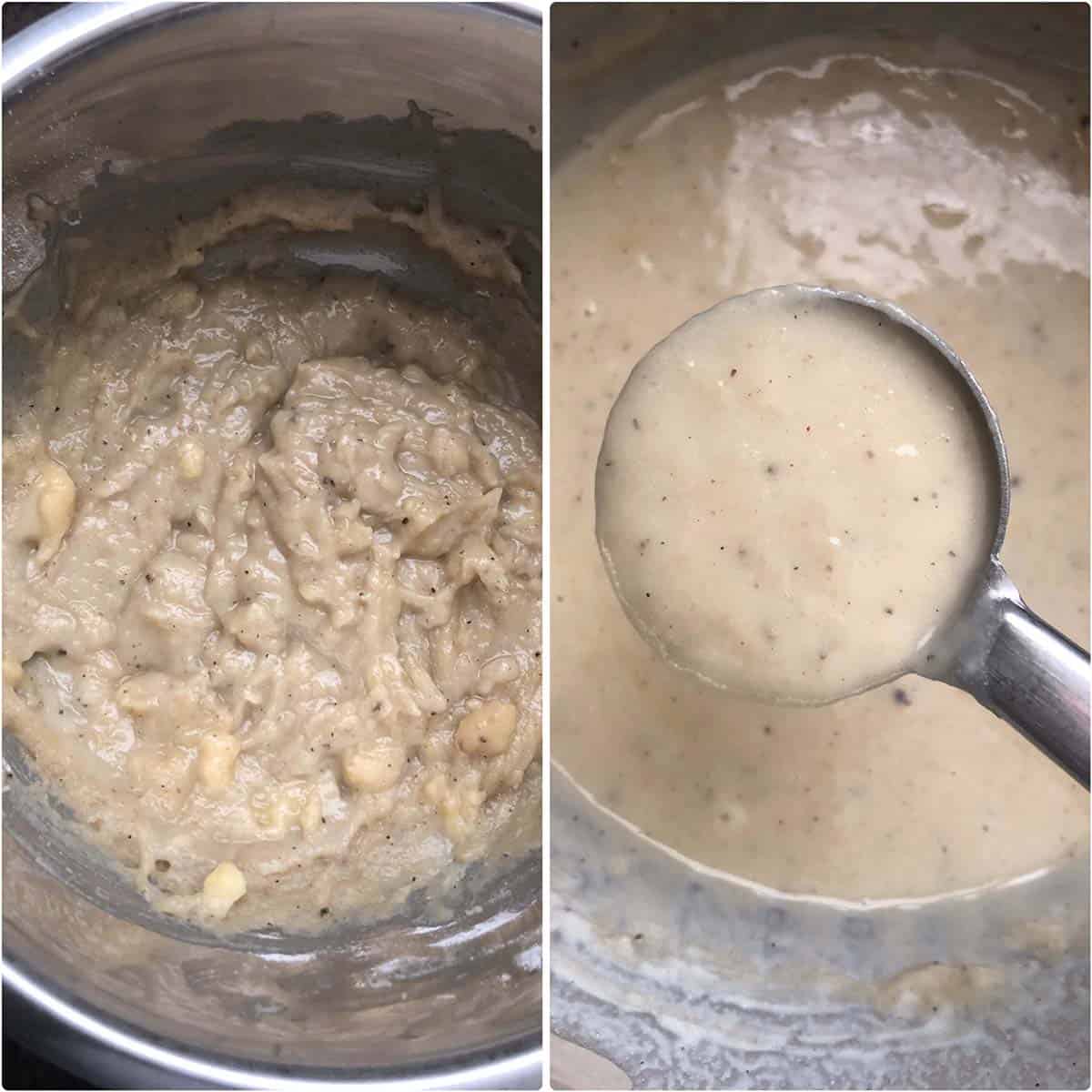 2 panel photo showing the batter ready to make appam.