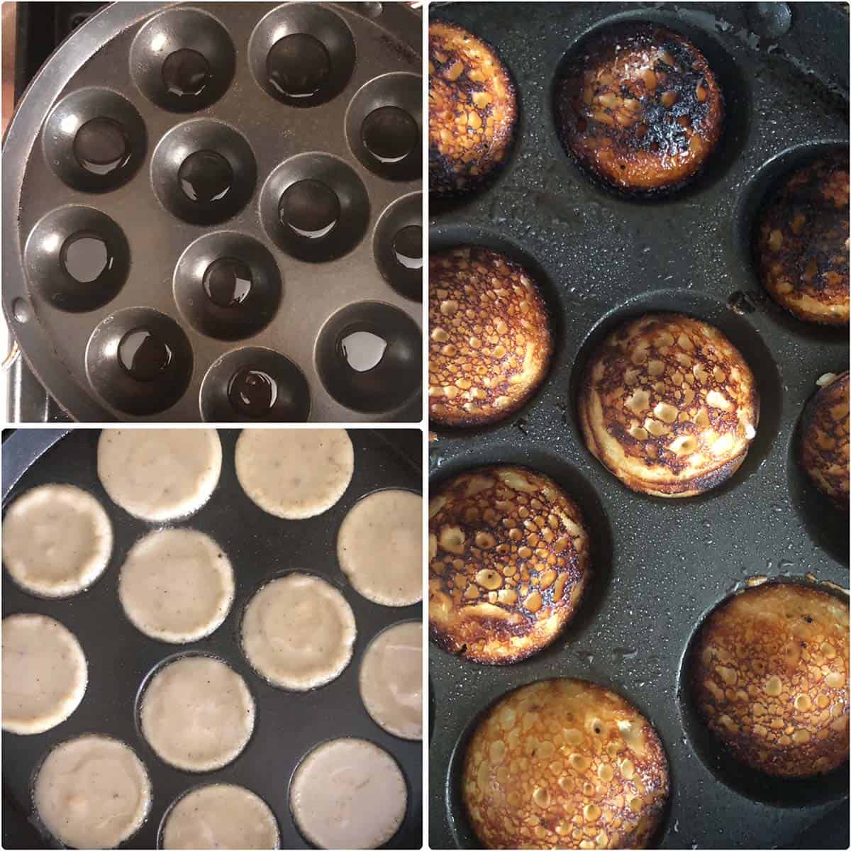 3 panel photo showing the cooking of appam in pan.