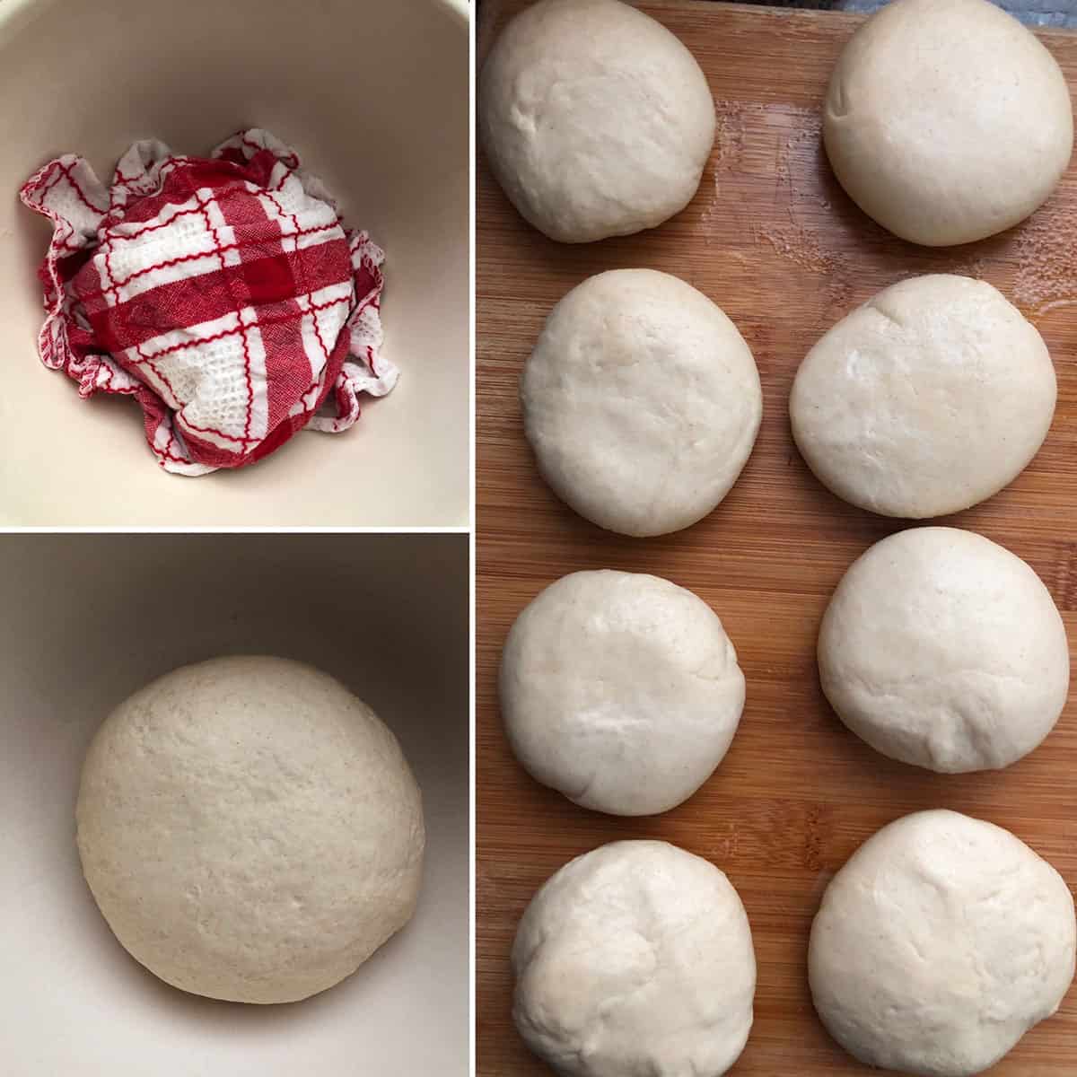 Dough set aside covered in damp kitchen towel and divided into 8 equal parts