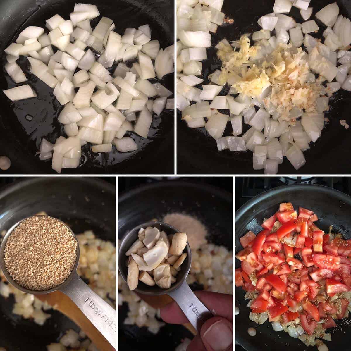 5 panel photo showing sautéing of ingredients for the salna.