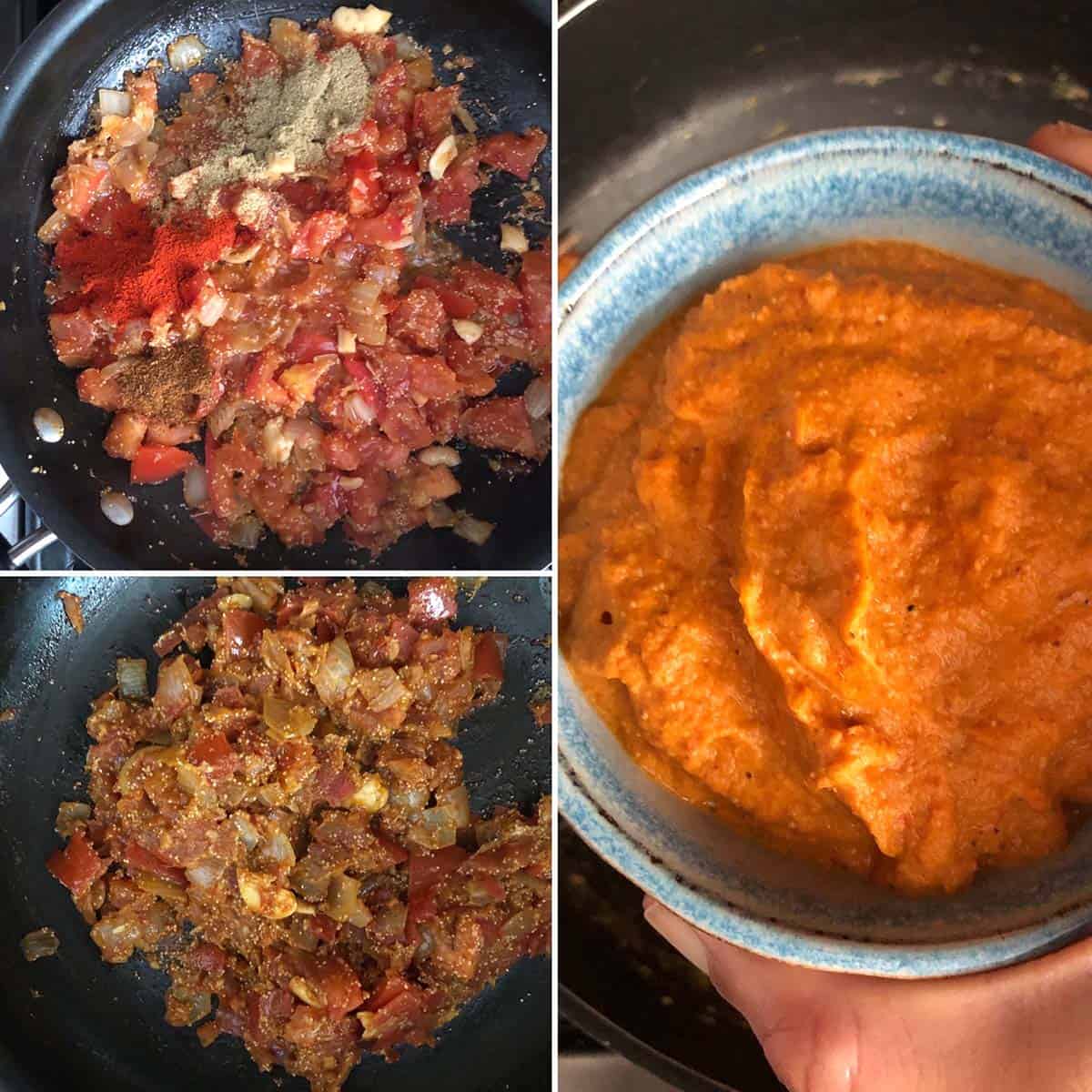 Step by step photos showing the making of salna/ gravy - cooked onions, tomatoes ground to a smooth paste