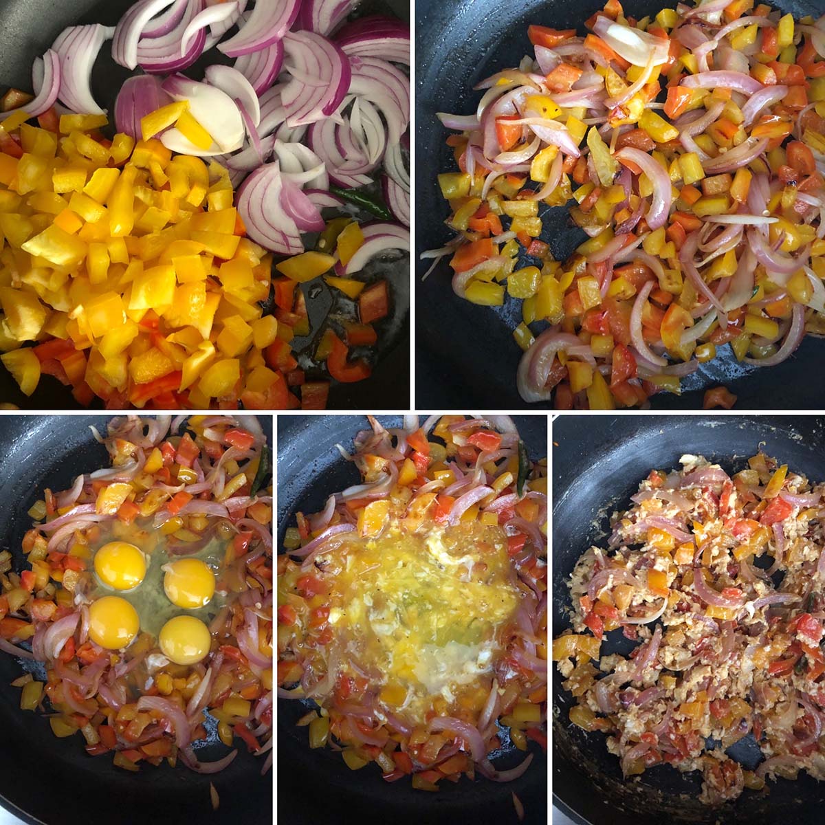 5 panel photo showing the cooking of peppers and eggs in a pan.