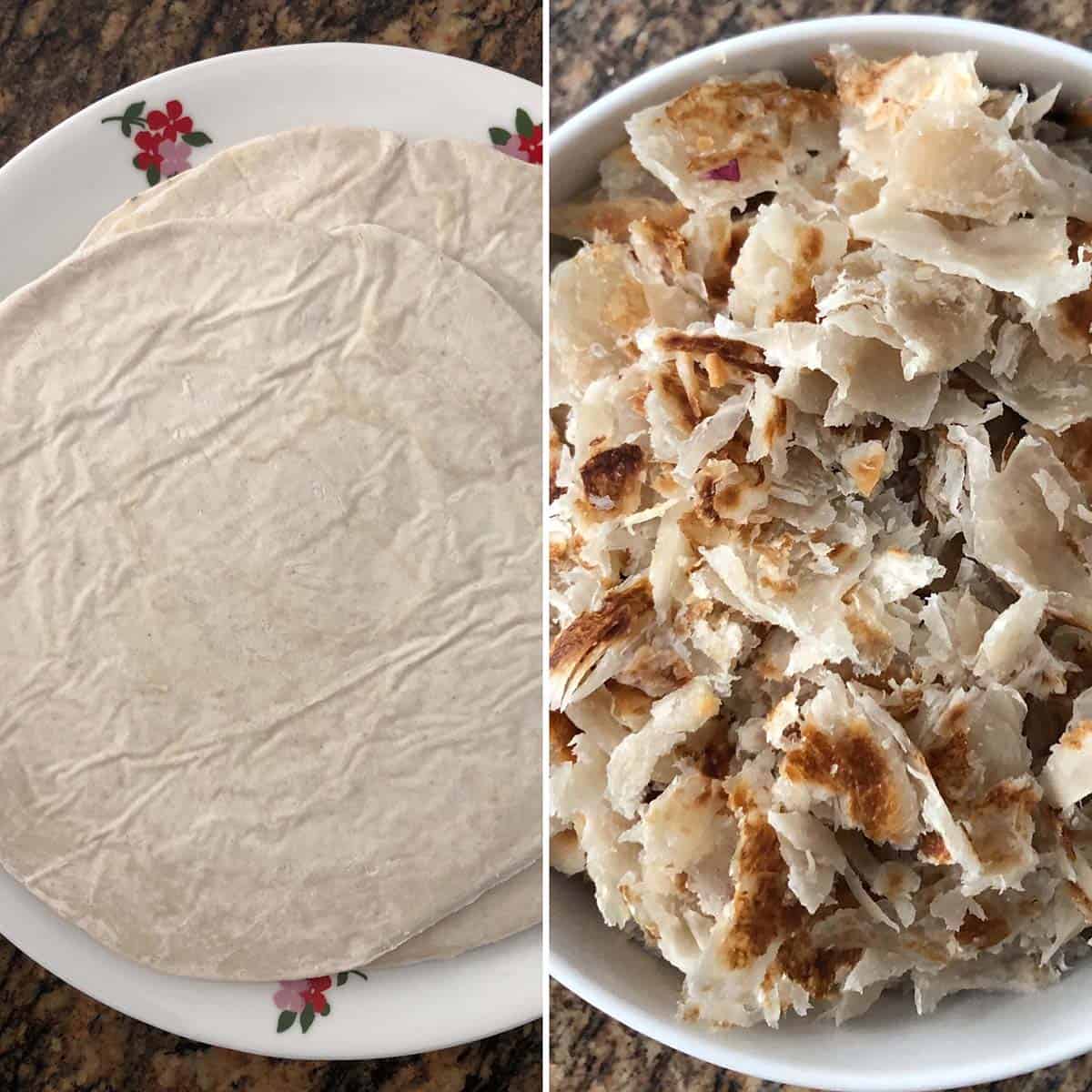 2 panel photo showing parotta before and after cooking.