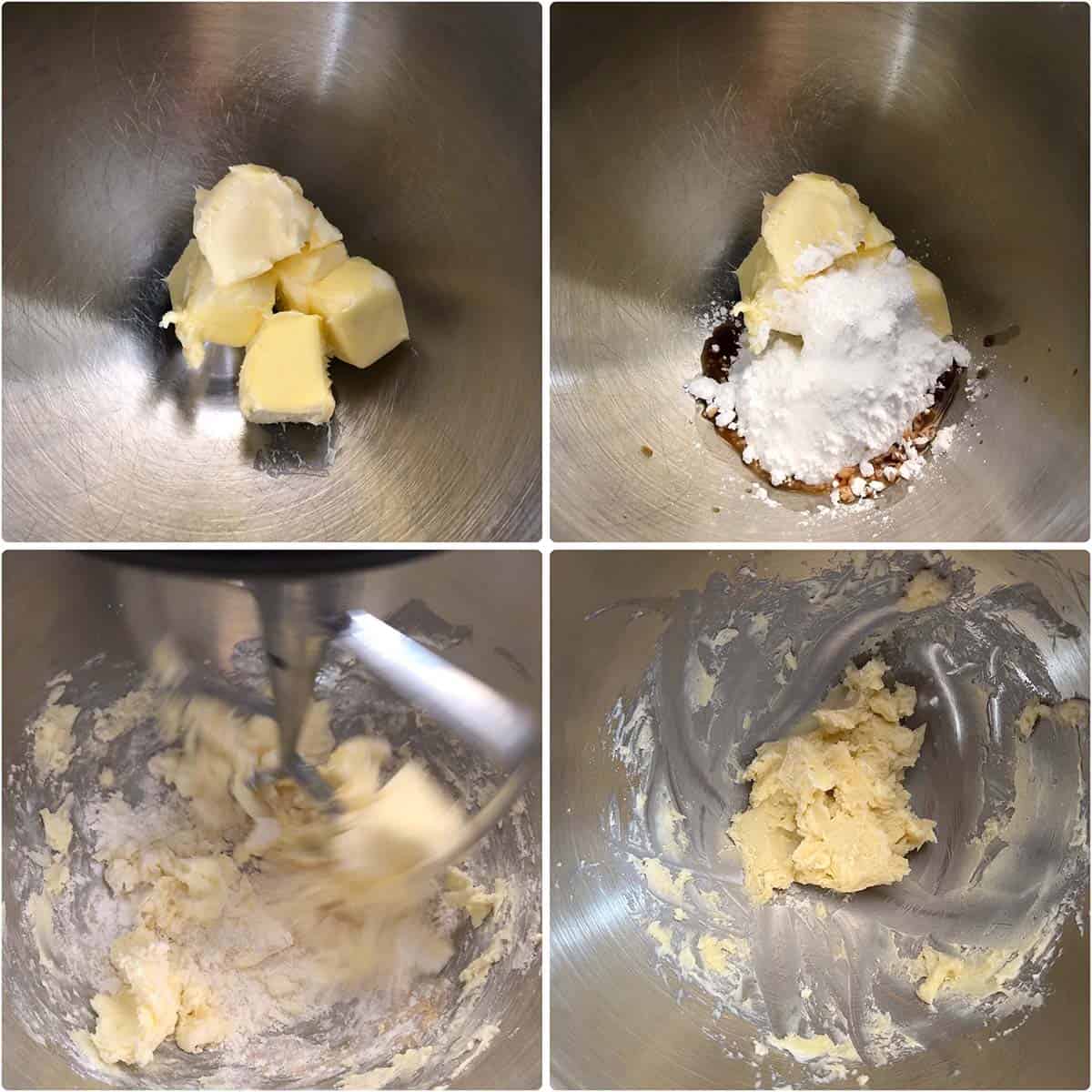 4 panel photo showing the beating of butter and sugar in a bowl.