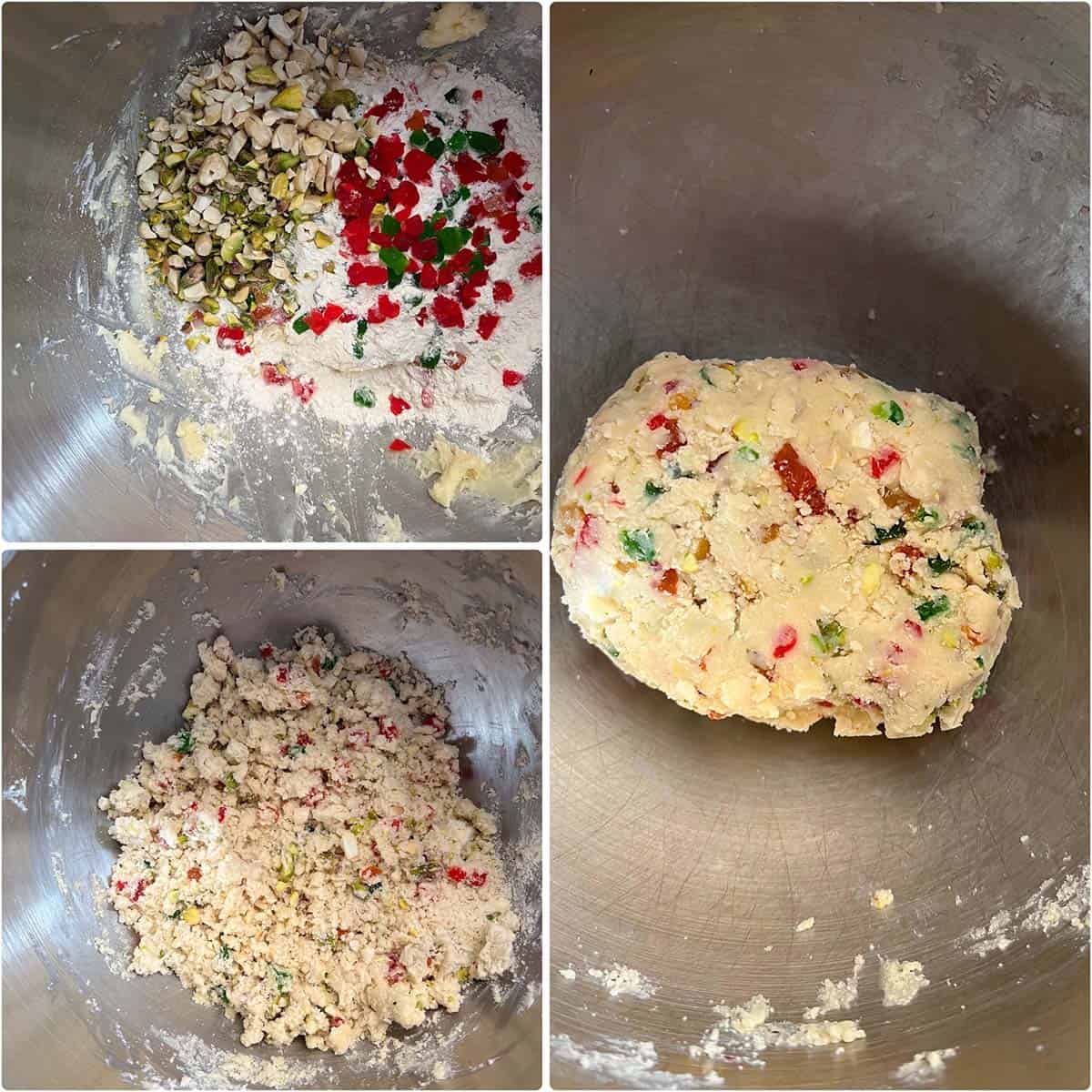 3 panel photo showing the addition of flour and tutti frutti to make the dough.