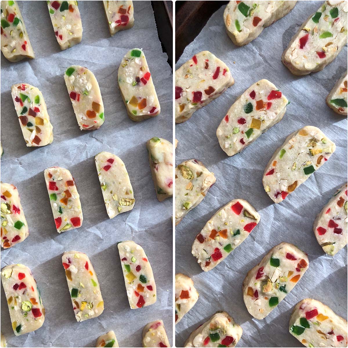 2 panel photo showing baking sheet before and after baking.