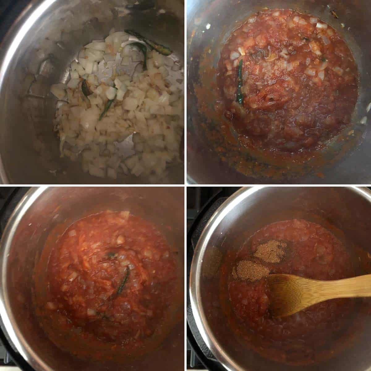 4 panel photo showing the addition of tomato puree and spices to Instant pot.