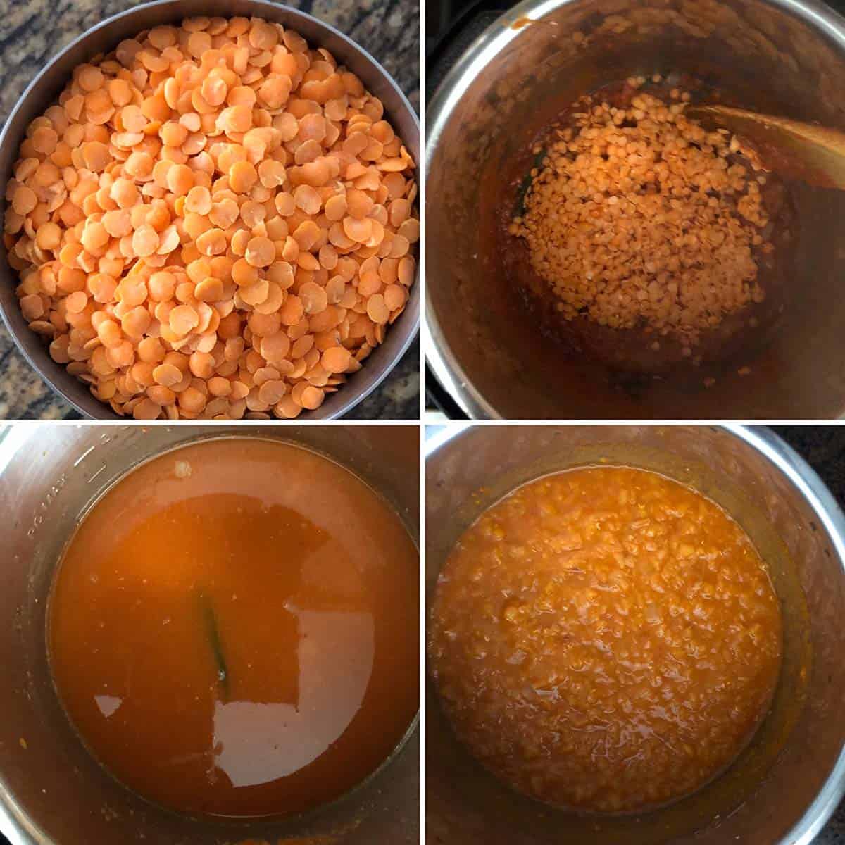 4 panel photo showing the cooking of onions and addition of lentils to Instant pot.