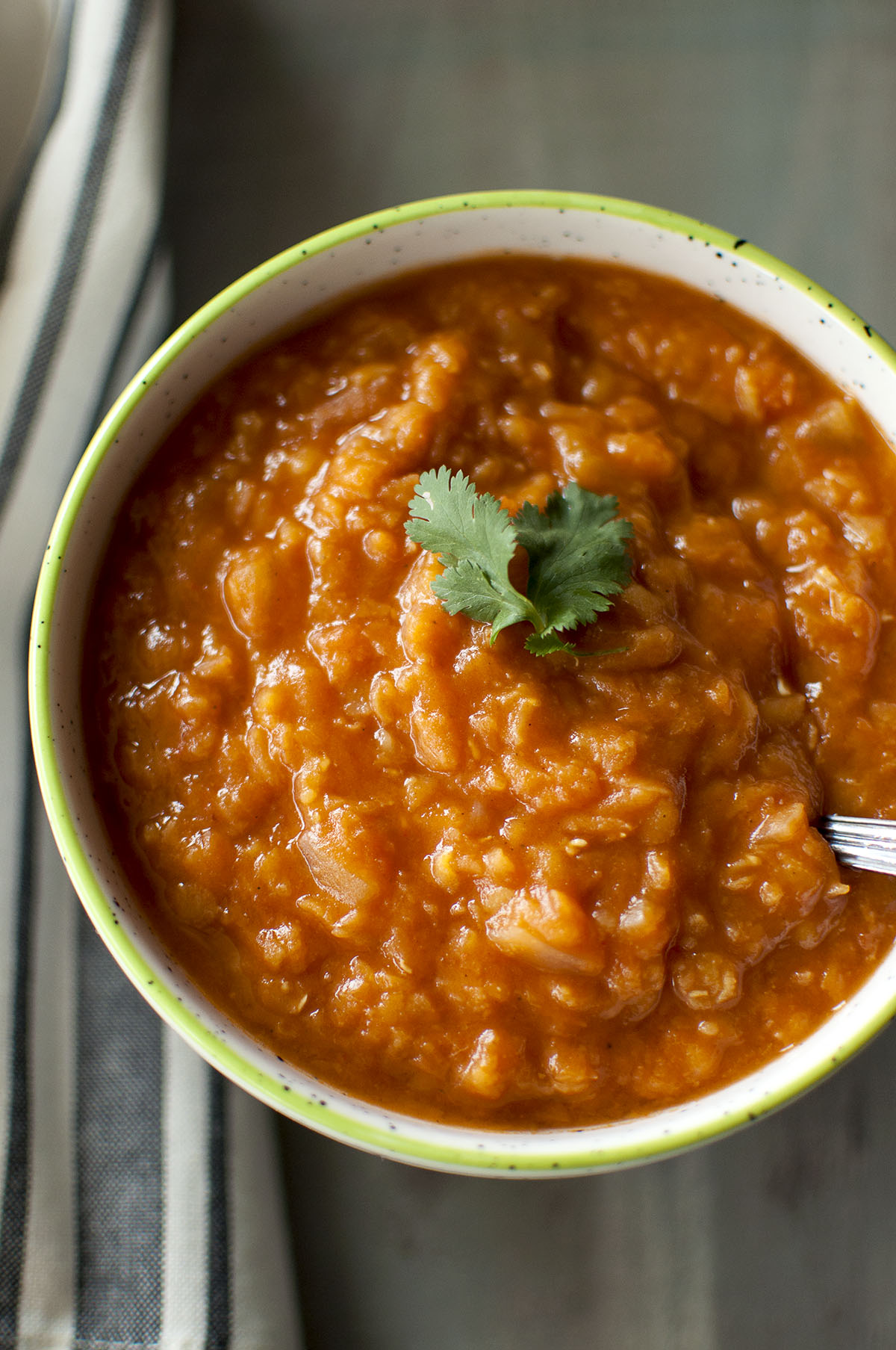 White bowl with creamy lentil stew.