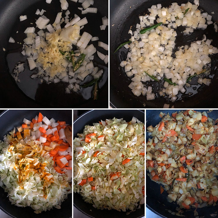 Step by step photos showing skillet with onions, ginger, green chilies, carrot, potato and cabbage being cooked