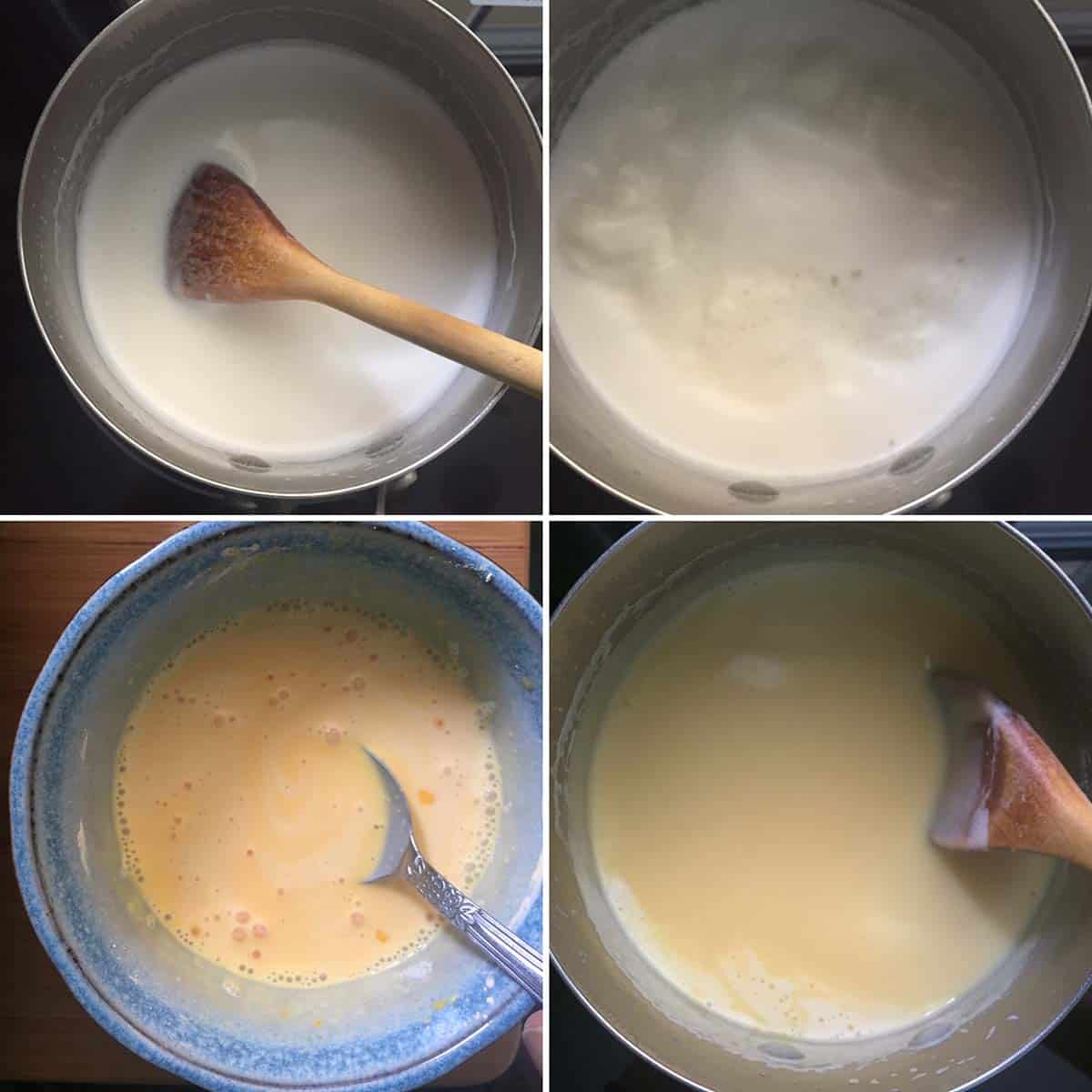 4 panel photo showing the simmering of milk and adding custard powder.