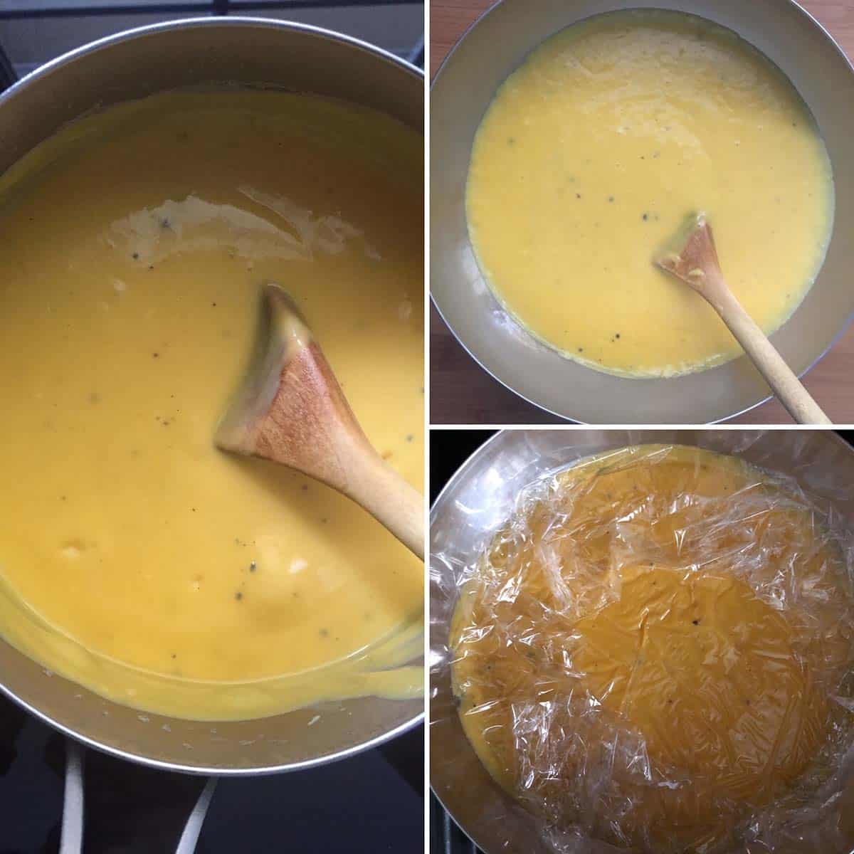 3 panel photo showing the addition of mango puree to custard.