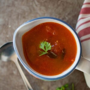 White bowl with tomato broth.