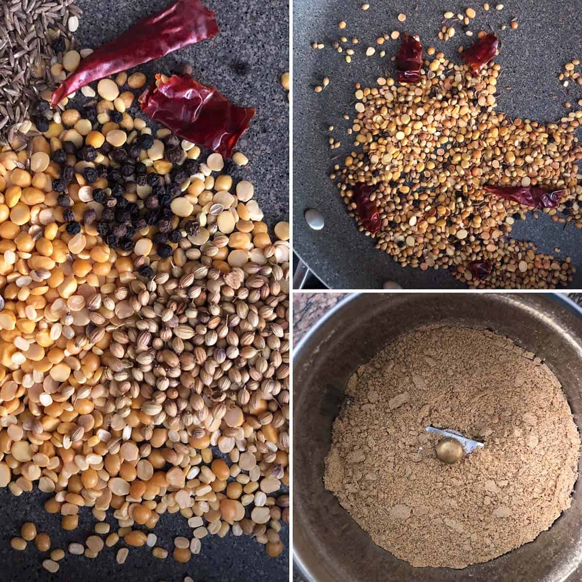 3 panel photo showing the roasting of spices and grinding of spice powder.