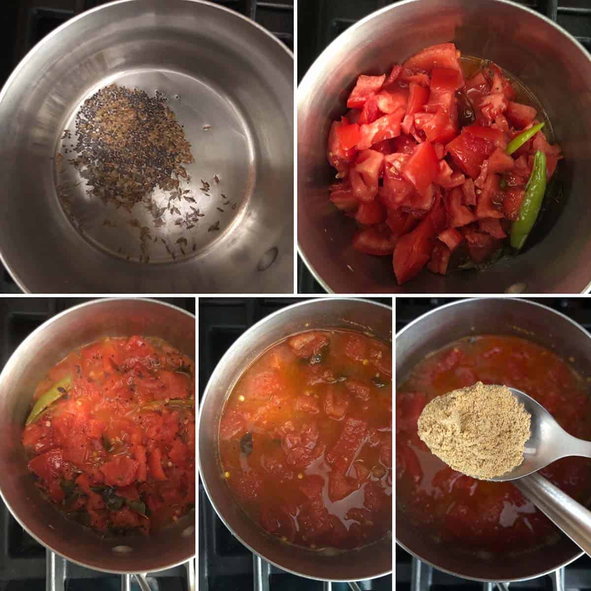 5 panel photo showing the making South Indian tomato soup.