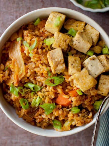 Top view of a bowl with fried rice.