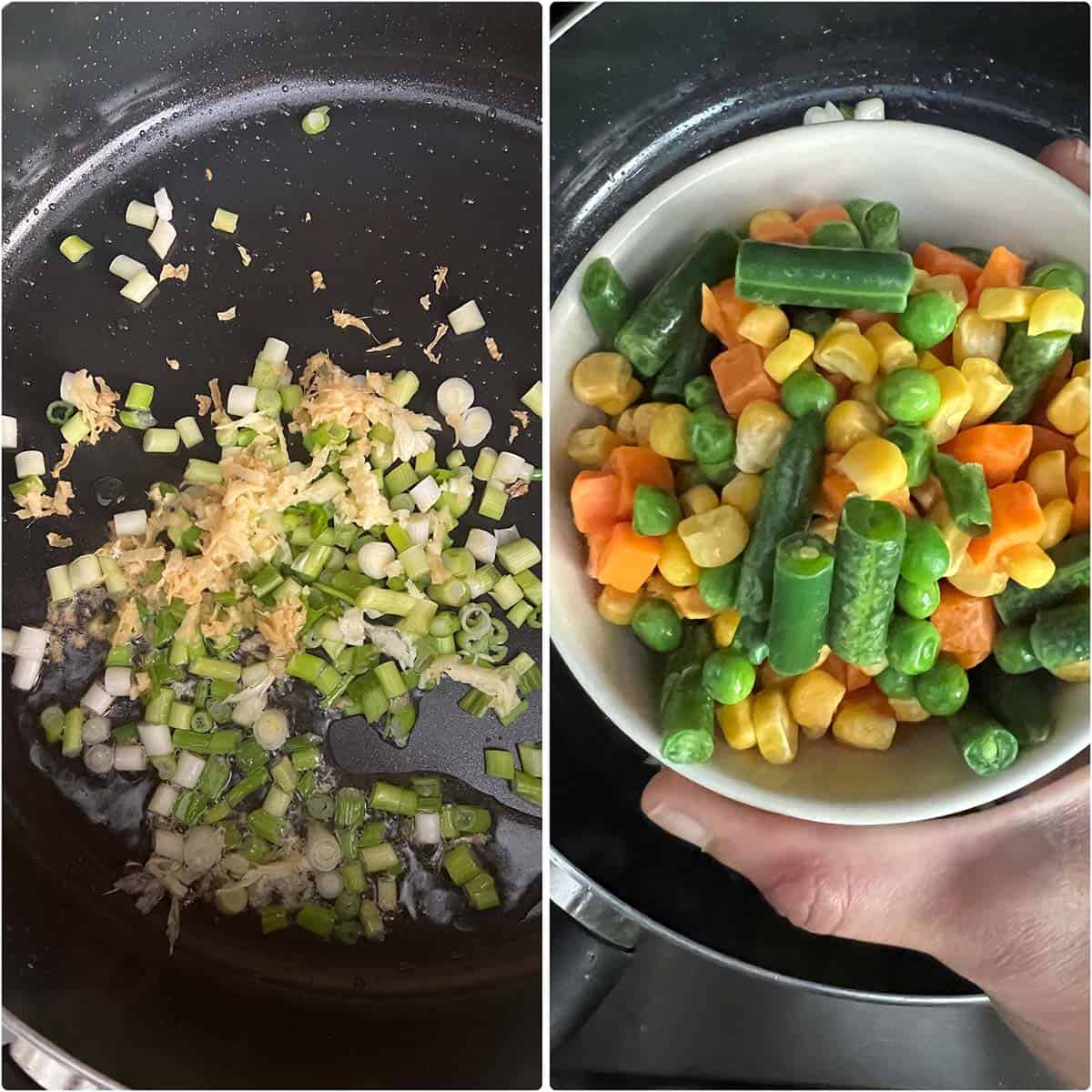 2 panel photo showing the sautéing of aromatics and veggies.