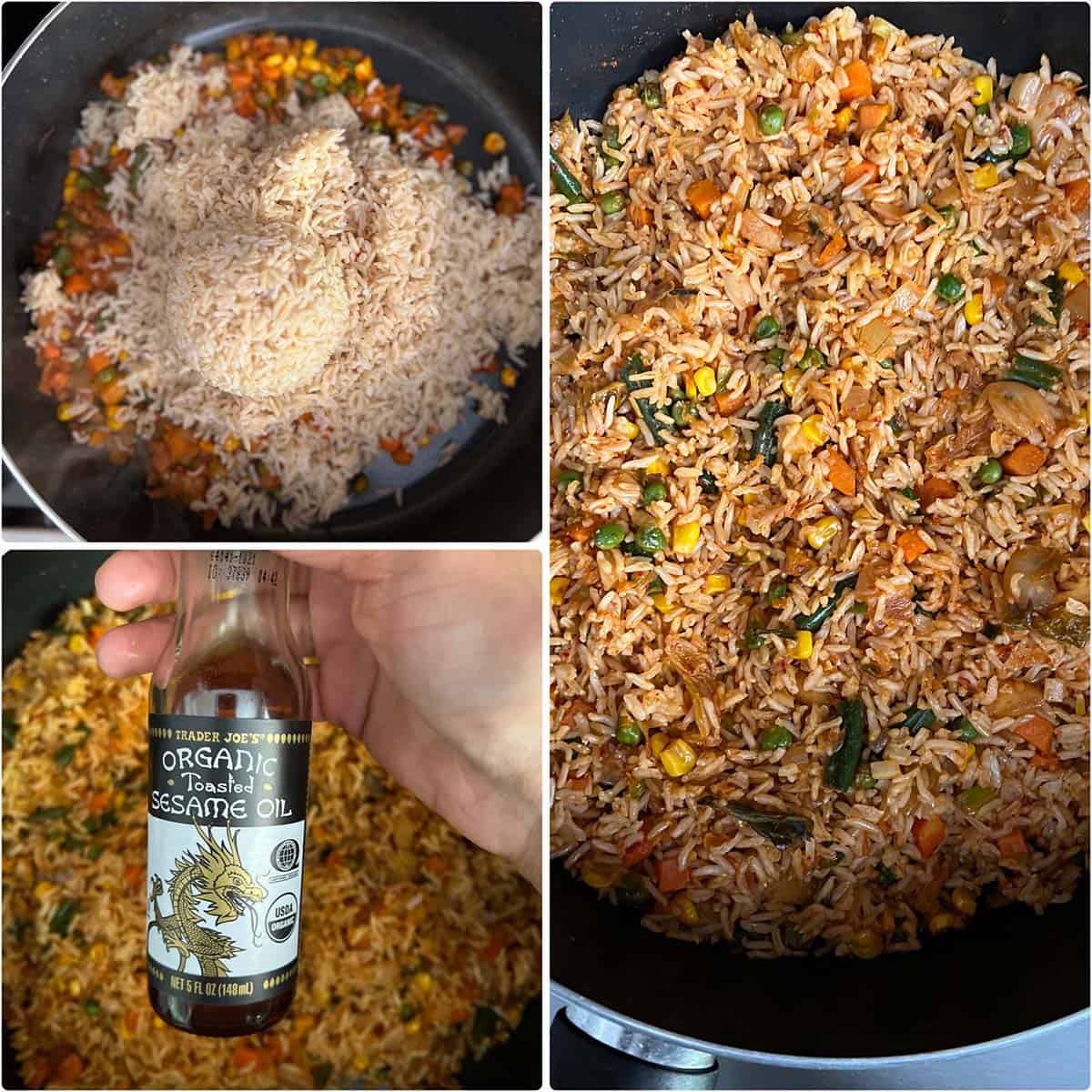 3 panel photo showing the addition of rice, sesame oil.