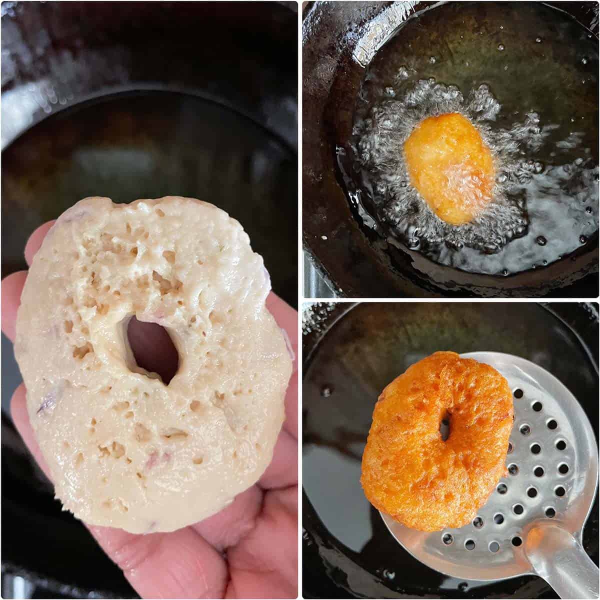 3 panel photo showing the deep frying.