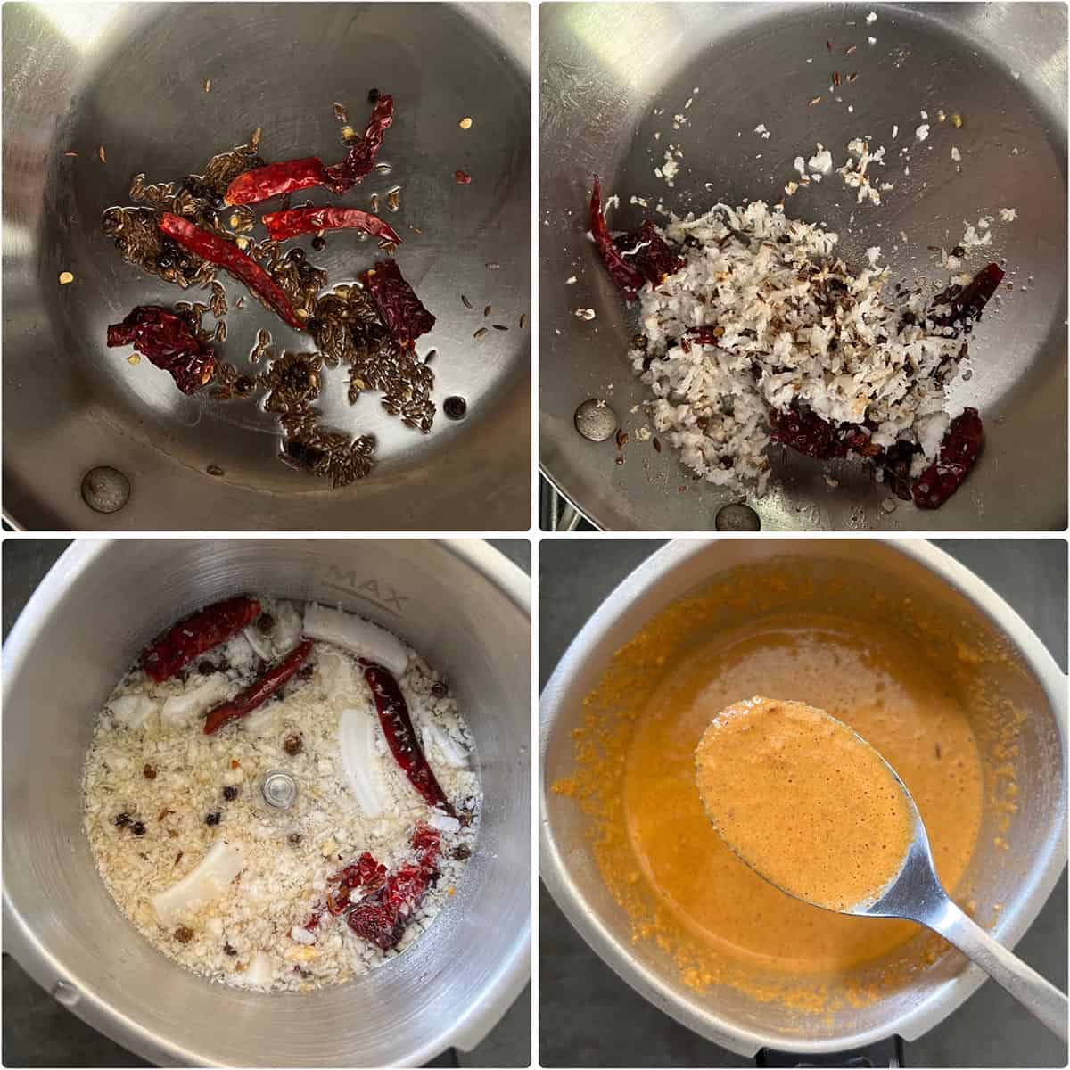 4 panel photo showing the making of spice paste.