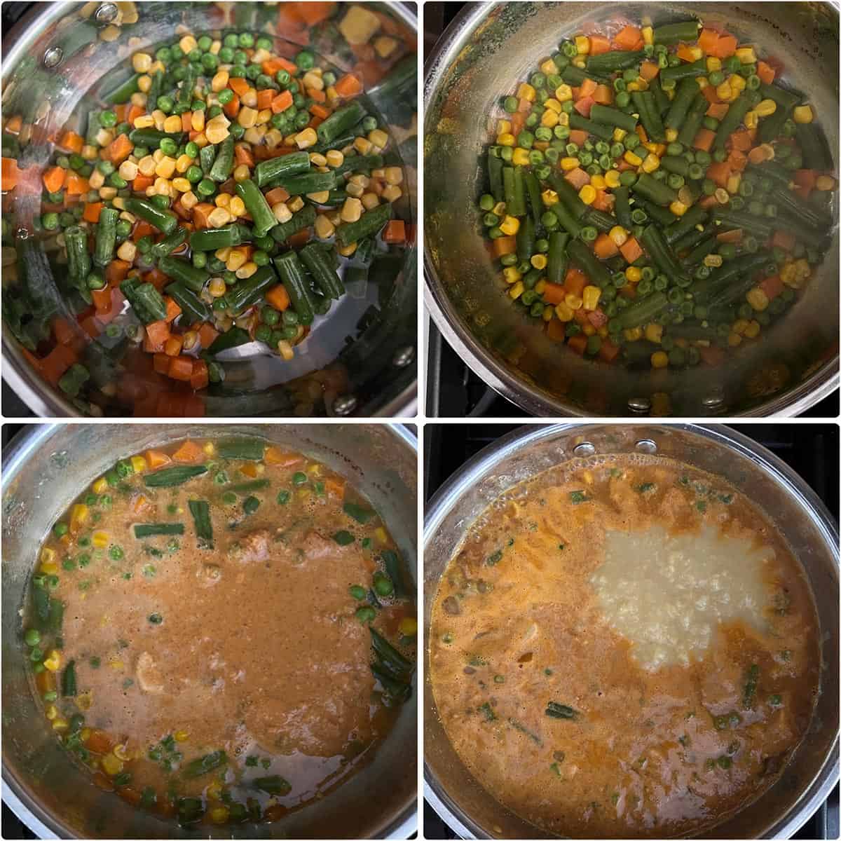 4 panel photo showing the cooking of vegetables and lentils.