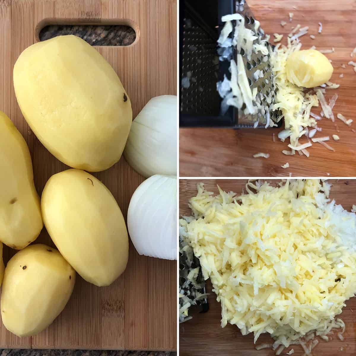 Chopping board with spuds and onion before and after grating.